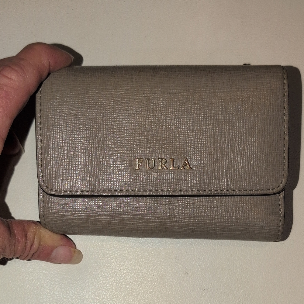 Furla Taupe Textured Leather Fold Wallet with Gold Logo